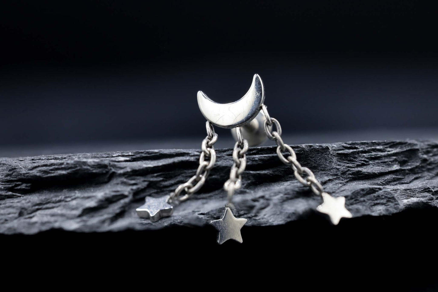 Moon and Triple Star Dangle Titanium Threadless Earring