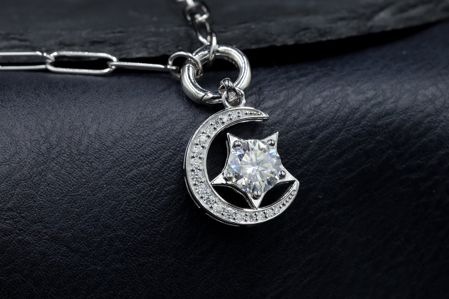 Round Moissanite Star and Crescent Moon Pendant Chain Necklace