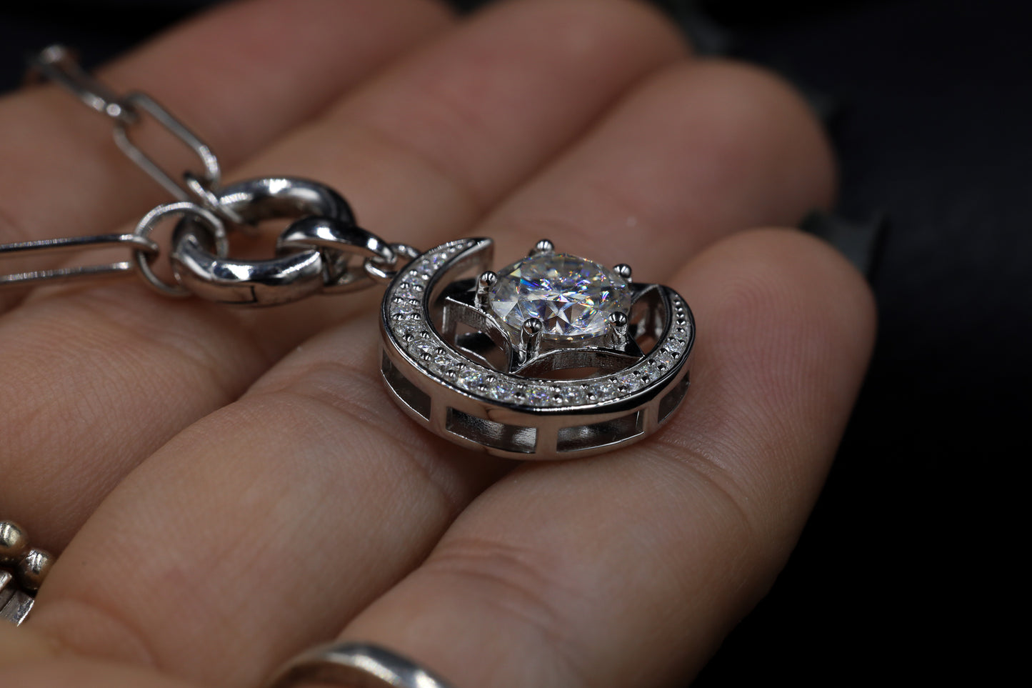 Round Moissanite Star and Crescent Moon Pendant Chain Necklace