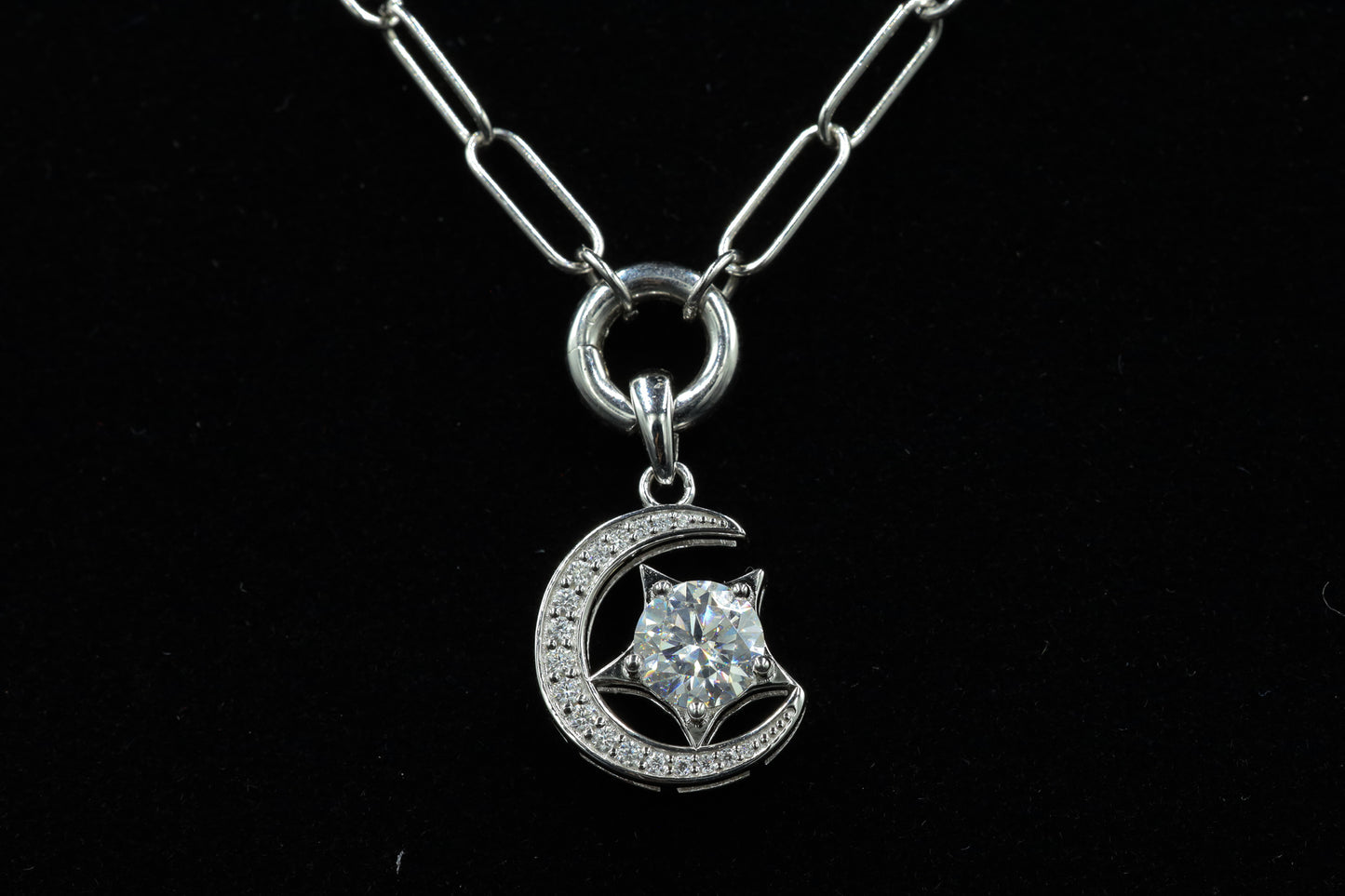Round Moissanite Star and Crescent Moon Pendant Chain Necklace