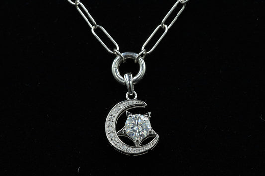Round Moissanite Star and Crescent Moon Pendant Chain Necklace