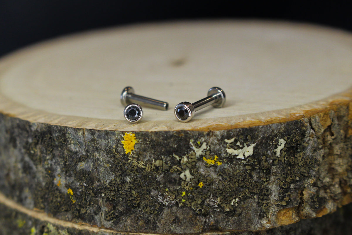 Small Black Moissanite and White Gold Threadless Earring