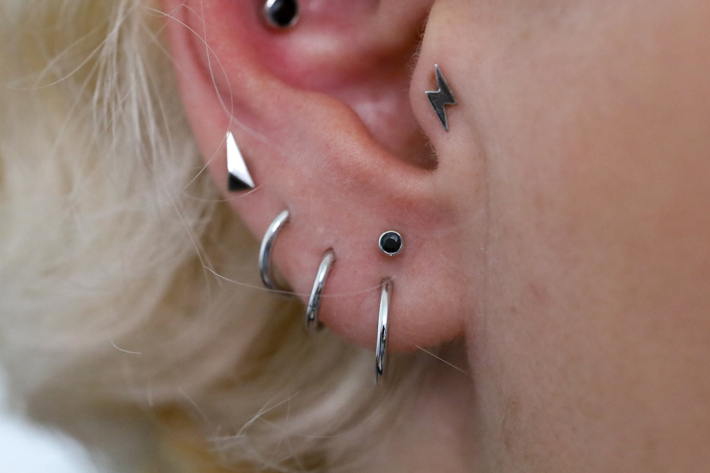 Small Black Moissanite and White Gold Threadless Earring