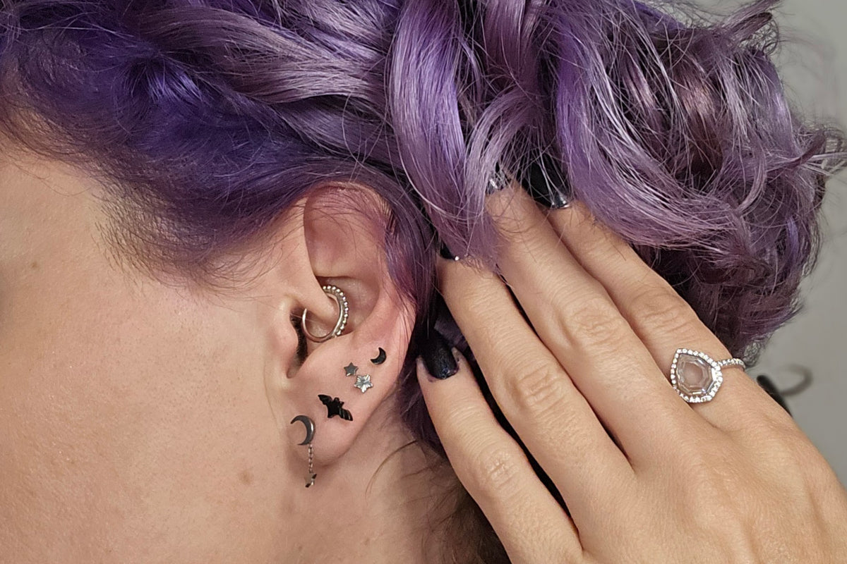 Black Crescent Moon Titanium Threadless Earring