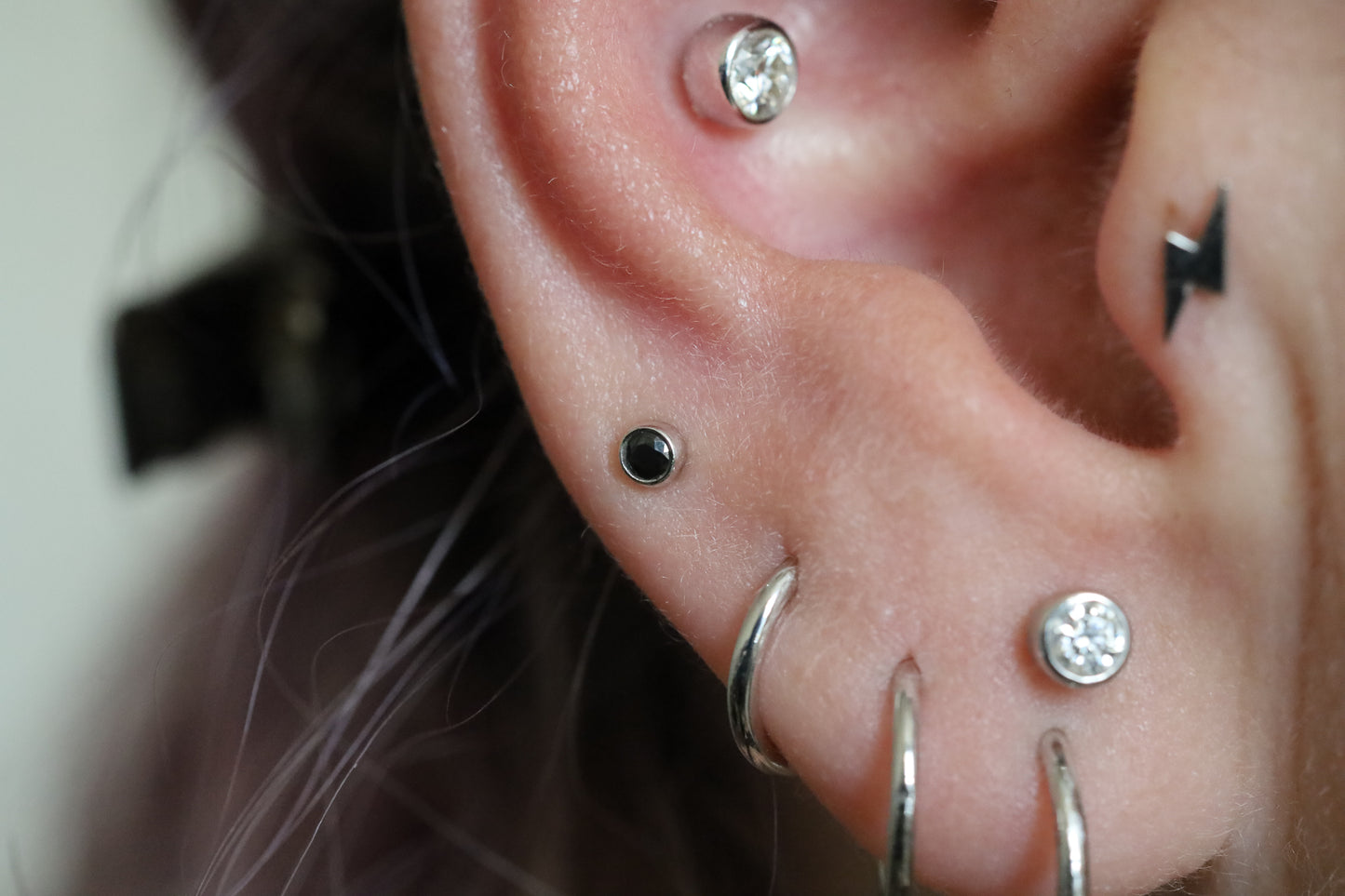 Small Black Moissanite and White Gold Threadless Earring