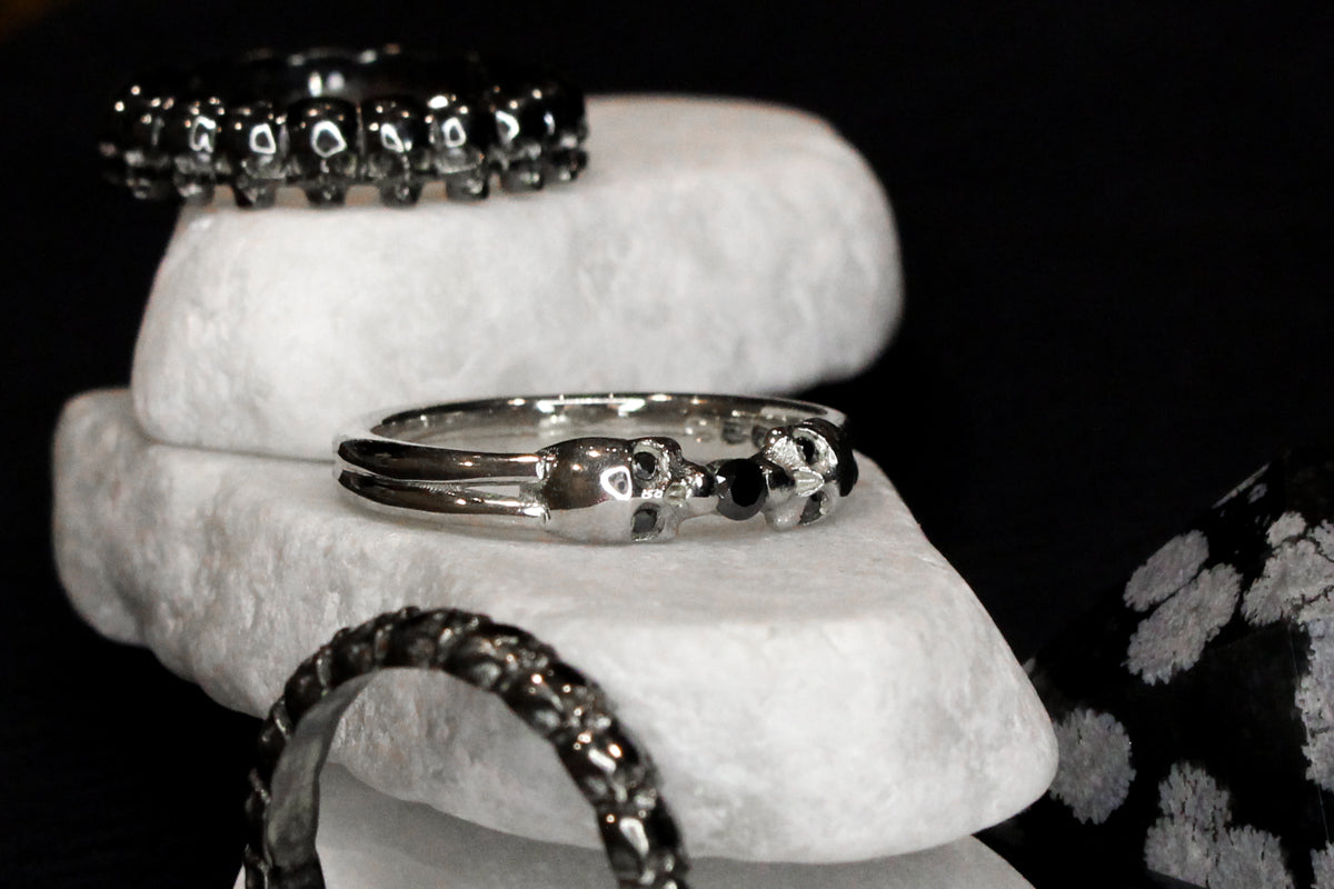 Sterling Silver and Black Moissanite Bezel Ring with Skulls