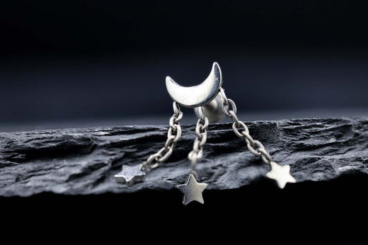 Moon and Triple Star Dangle Titanium Threadless Earring