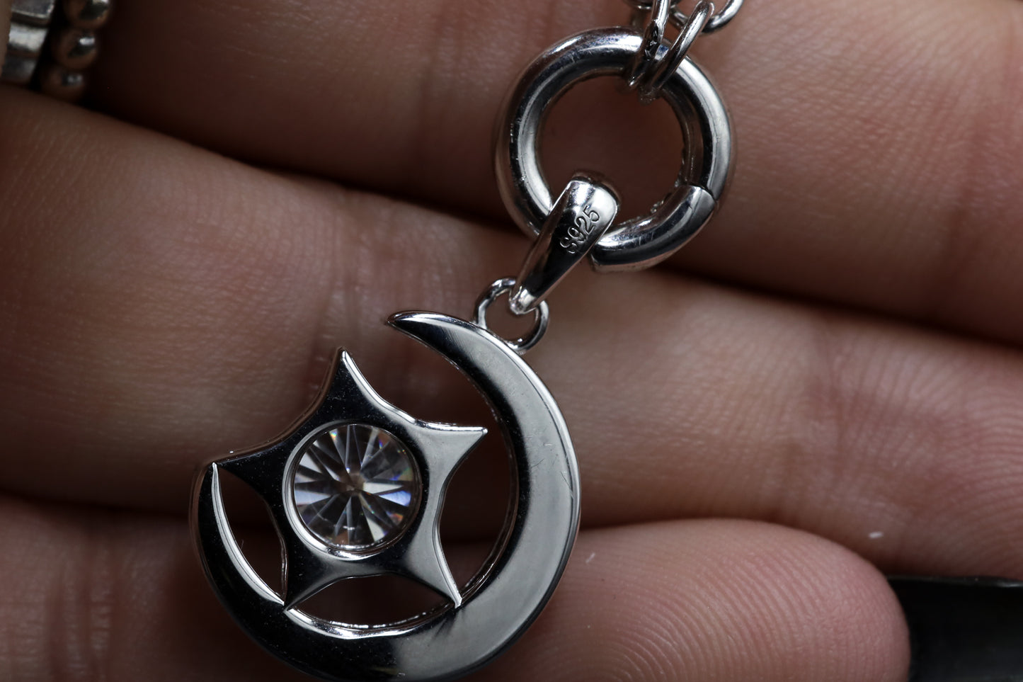 Round Moissanite Star and Crescent Moon Pendant Chain Necklace