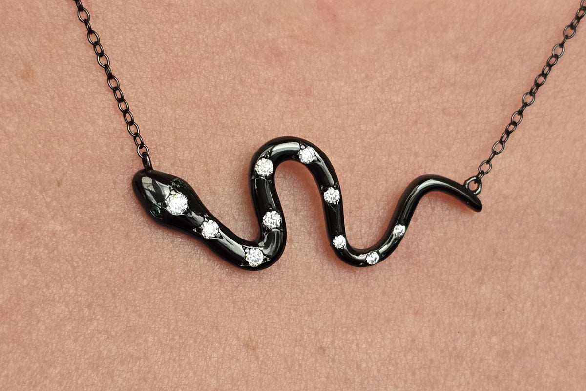 Black Metal and Moissanite Snake Necklace