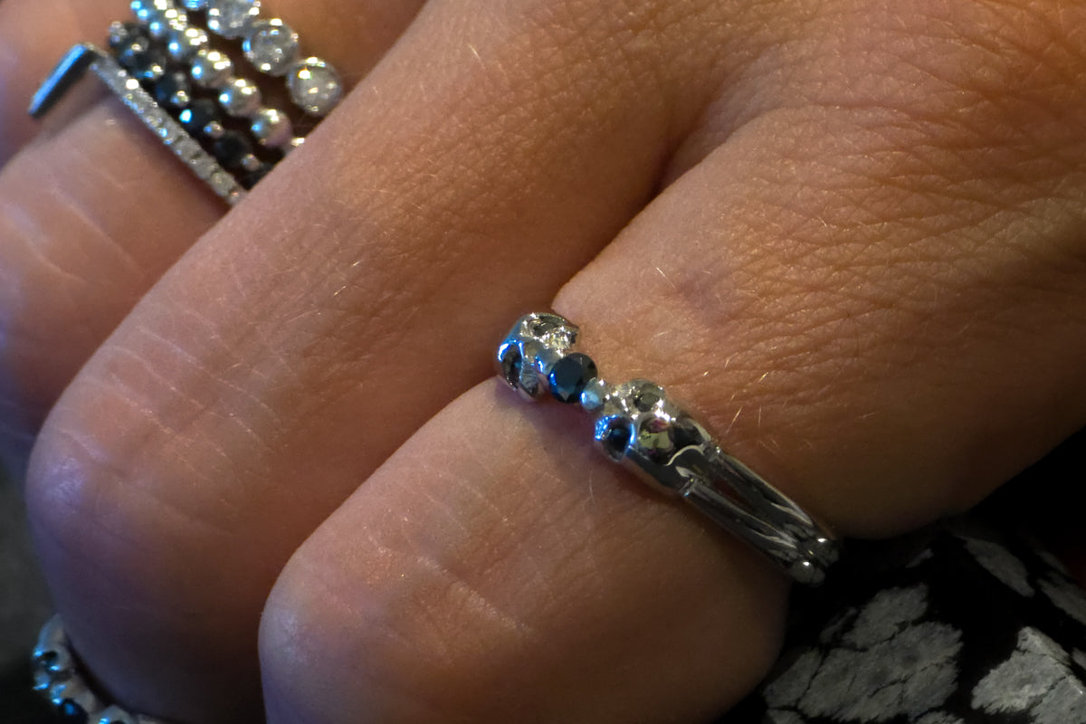 Sterling Silver and Black Moissanite Bezel Ring with Skulls