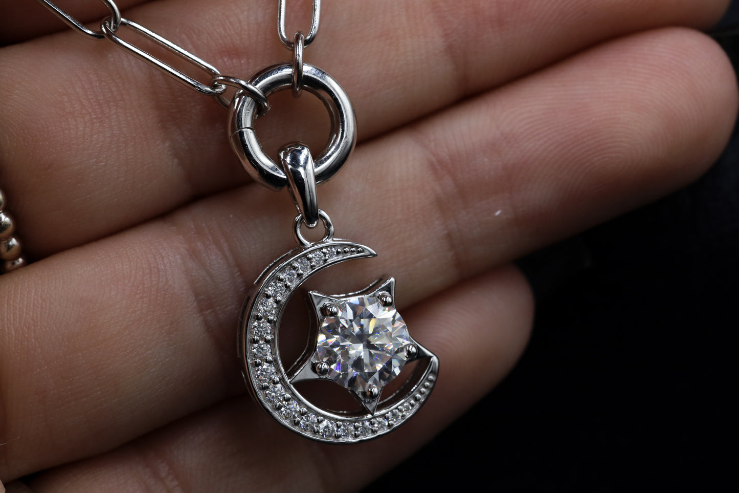 Round Moissanite Star and Crescent Moon Pendant Chain Necklace