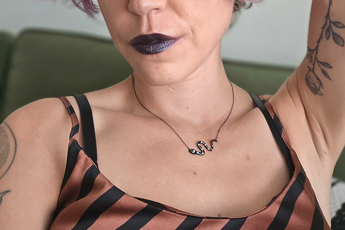 Black Metal and Moissanite Snake Necklace