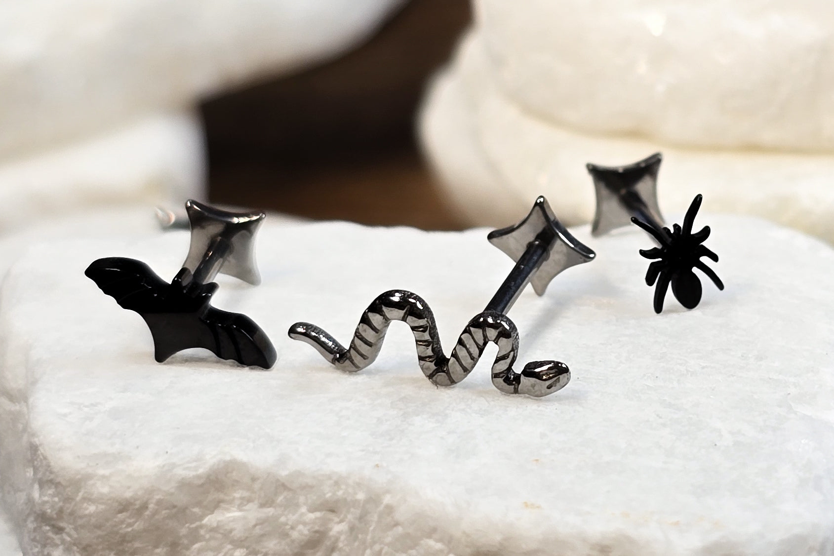 Lux Punk Titanium Studs Threadless pushpin earrings, black bat, snake, black spider