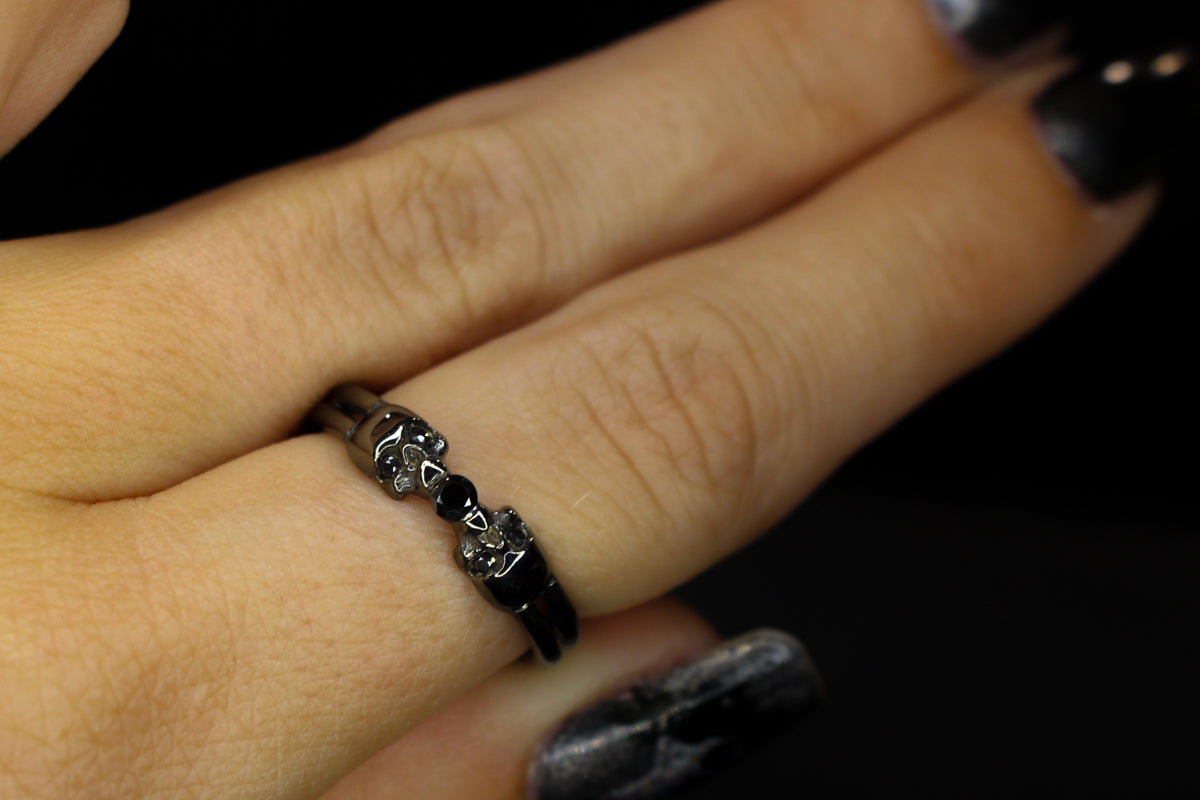 Black Metal and Black Moissanite Bezel Ring with Skulls