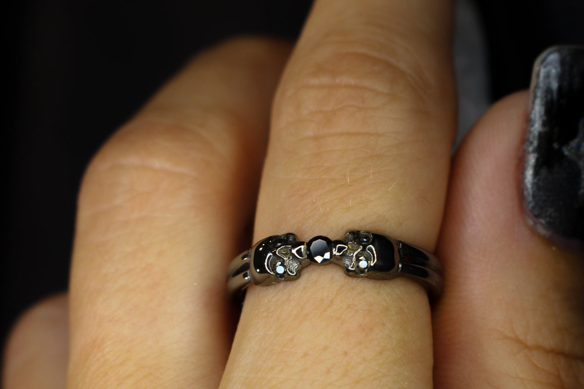 Black Metal and Black Moissanite Bezel Ring with Skulls