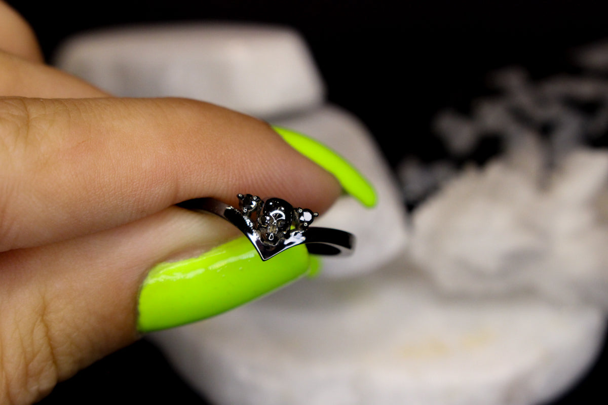 Black Metal Skull and Black Moissanite Accents Ring